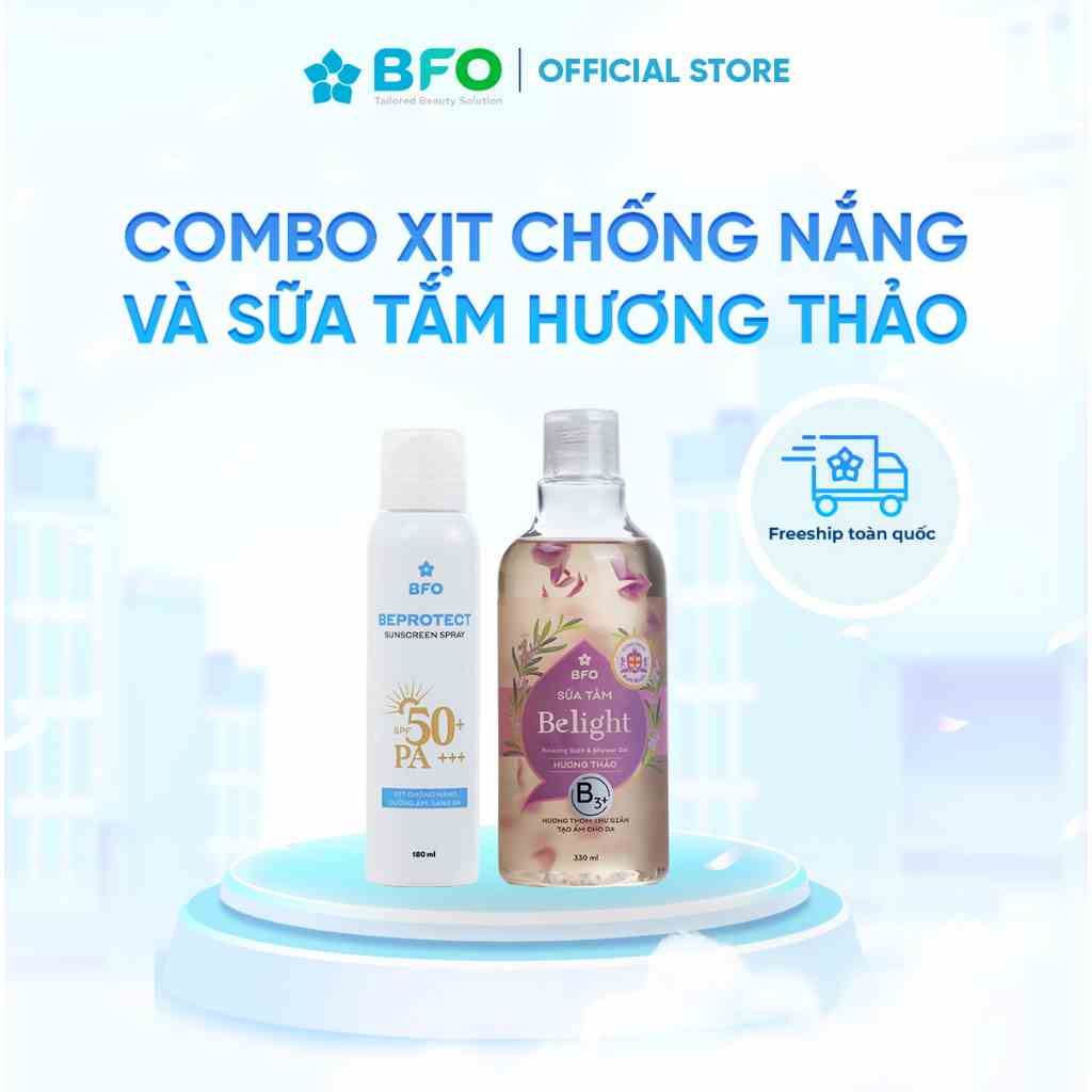 Combo Xịt chống nắng Beprotect Sunscreen Spray 180ml (Đồng) + Sữa tắm cánh hoa tinh dầu hương thảo (330ml)