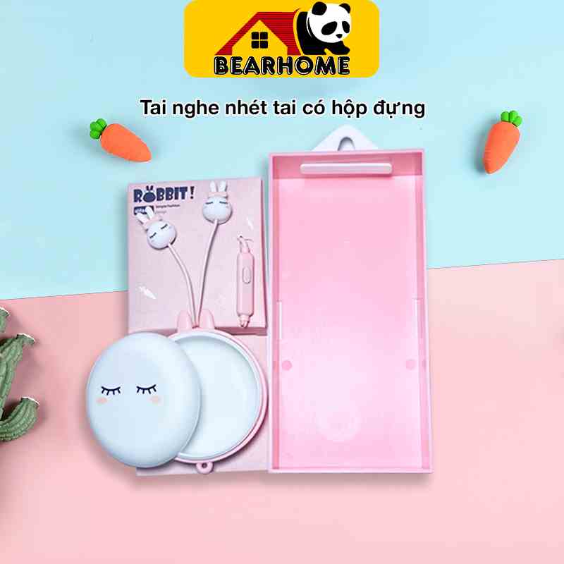 Tai nghe có dây tai nghe nhét tai  3.5mm thỏ có hộp đựng có mic chơi game học online cực kỳ gọn gàng, treo túi xách