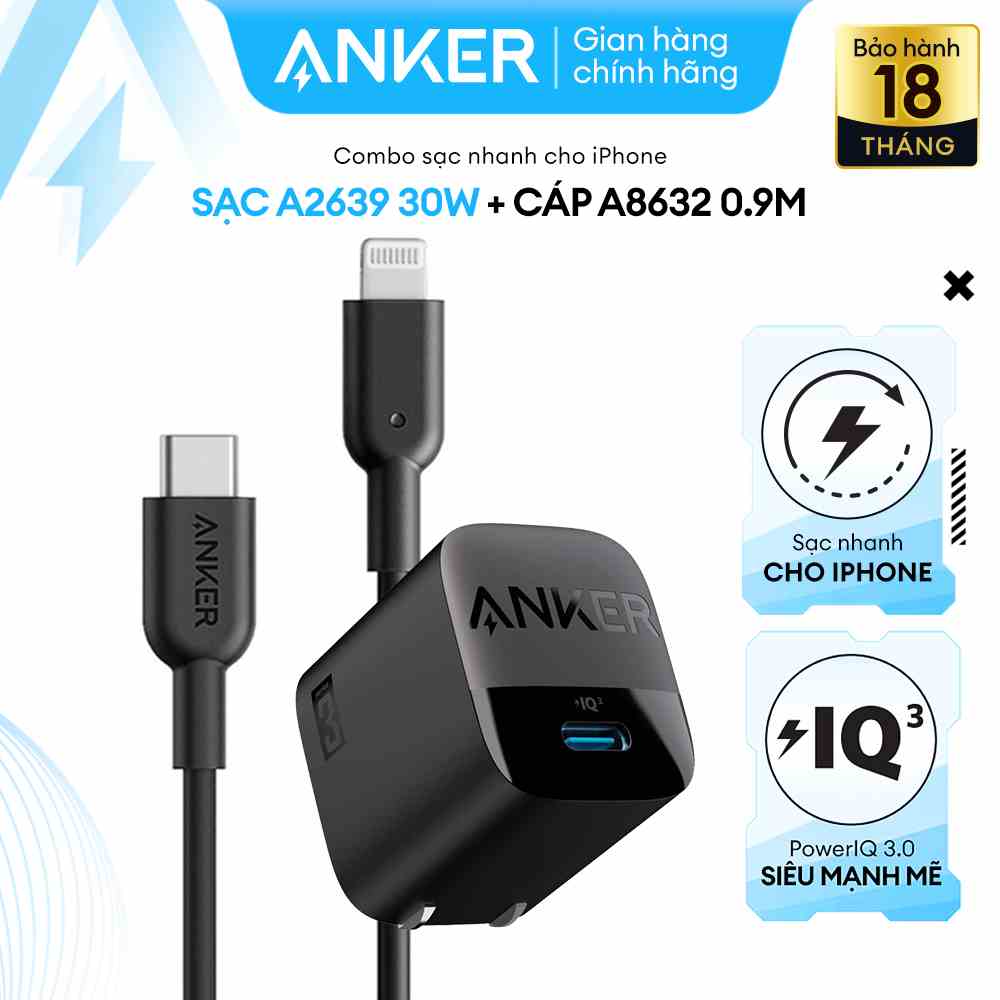 Combo Bộ Sạc Cáp Anker Sạc Nhanh Power IQ 3.0 30W Chuẩn MFI Dài 0.9m Cho iPhone 8 Trở Lên