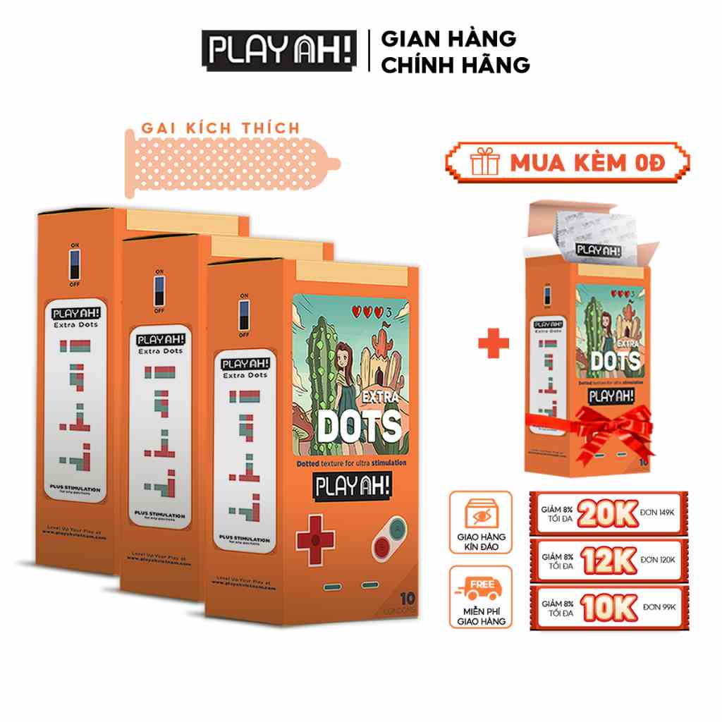 Combo 3 Bao cao su PLAYAH Extra Dots Thêm Gai Hộp 10