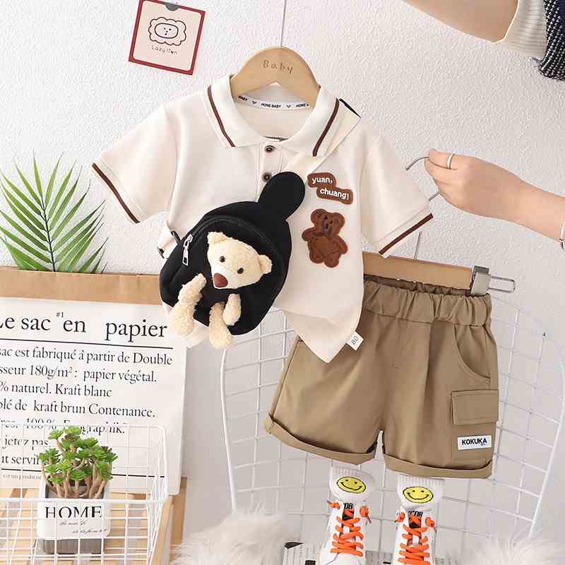 Áo polo thêu gấu và quần đùi kaki kèm túi đeo chéo cho bé trai từ 1 2 3 4 5 tuổi Mints Closet MINTSCLOSET - TN3209