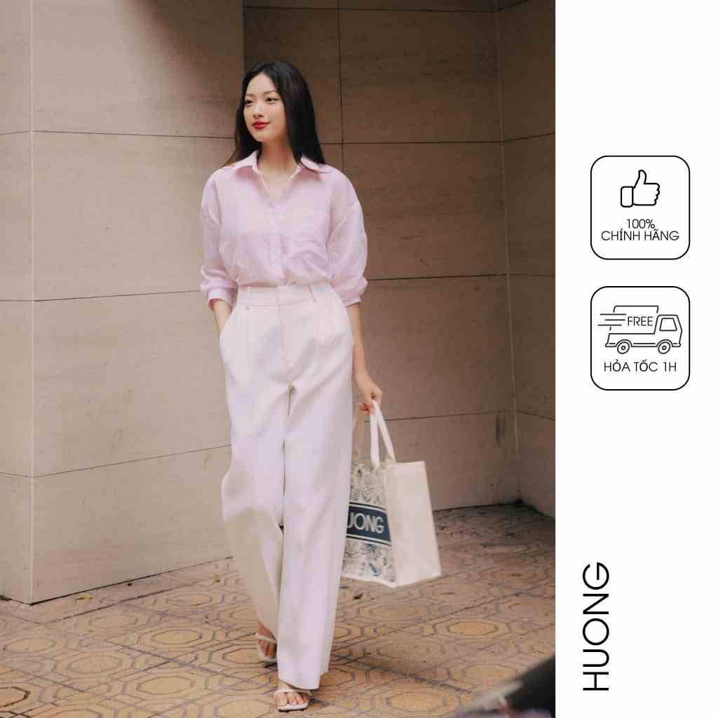 Áo sơ mi kẻ trắng hồng Oversize Striped Shirt HUONG BOUTIQUE HBSM1088