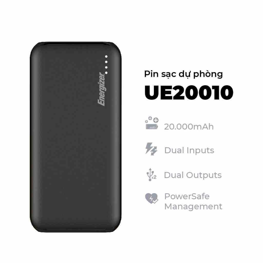 Sạc dự phòng Energizer UE20010 - Dung lượng lớn 20000mAh, tích hợp 2 cổng output - Hàng chính hãng