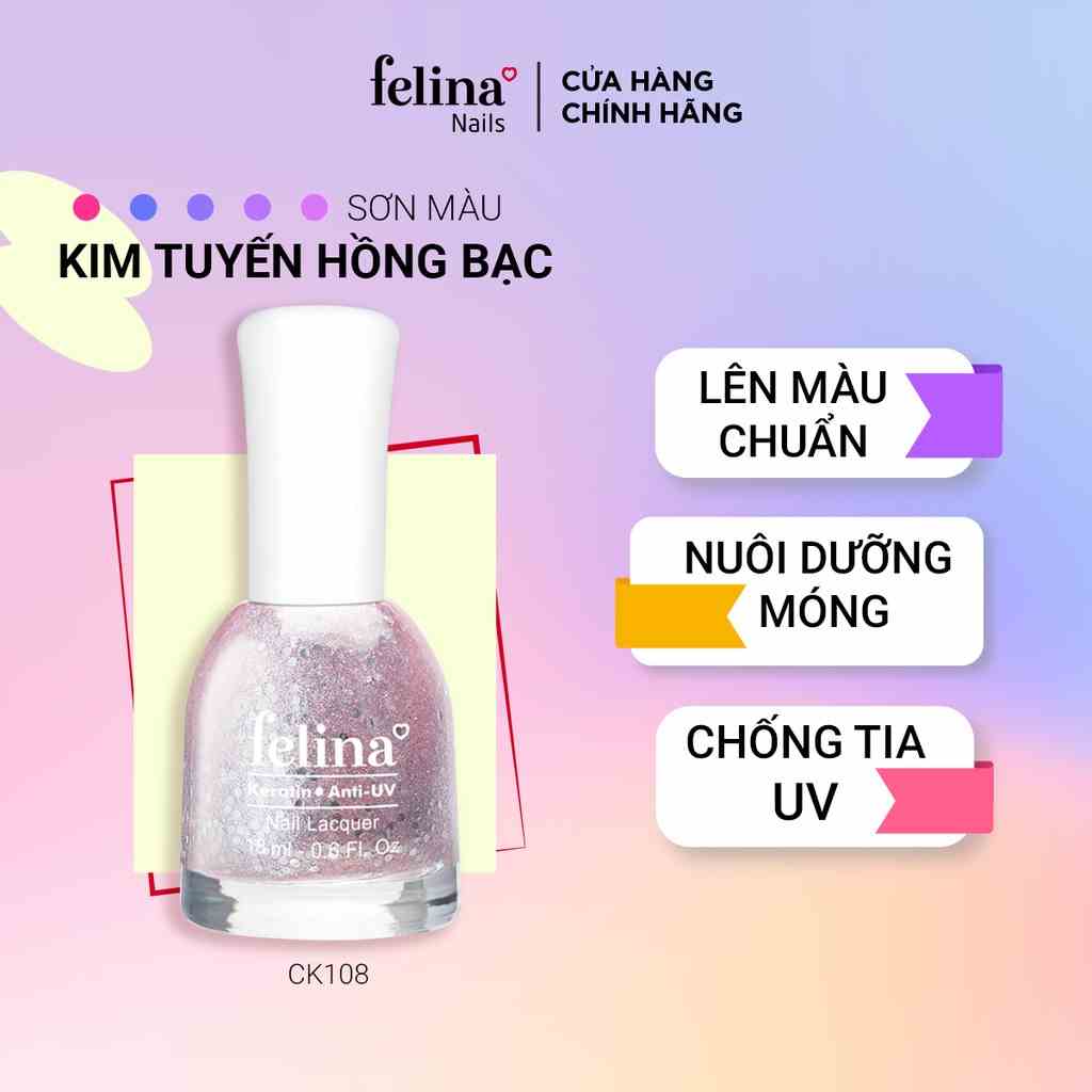 Sơn Móng Tay Felina Nail 18ml, Màu Kim Tuyến Hồng CK108, Lên Màu Đẹp, Thời Trang