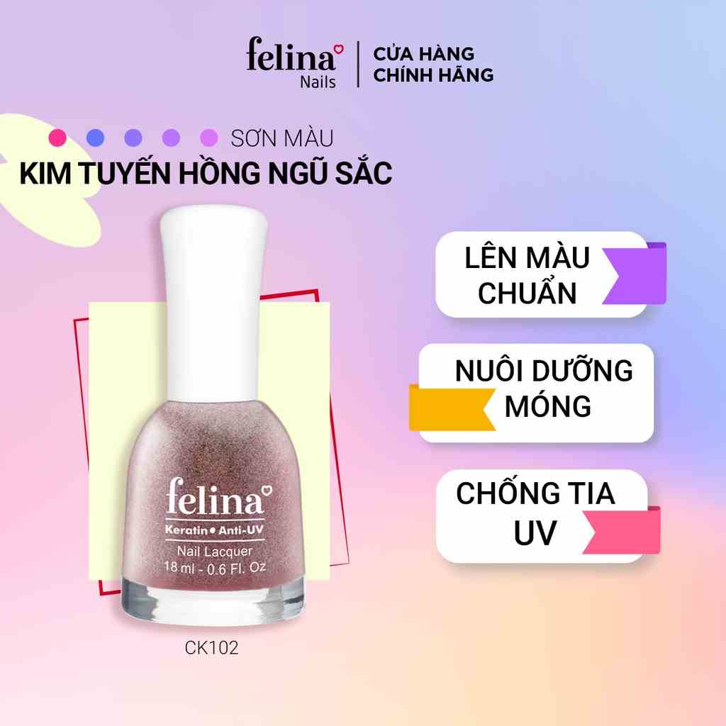 Sơn Móng Tay Felina Nail 18ml, Màu Kim Tuyến Hồng Ngũ Sắc Ck102, Lên Màu Đẹp, Thời Trang