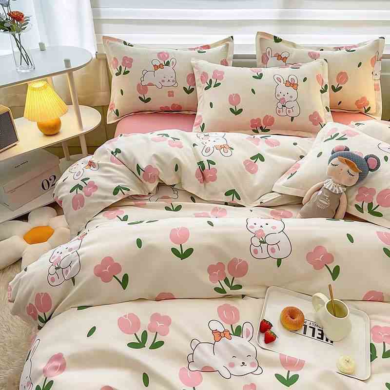 Bộ chăn ga gối cotton poly ETAMI thỏ ôm hoa hồng miễn phí bo chun ga trải giường (chưa kèm ruột)