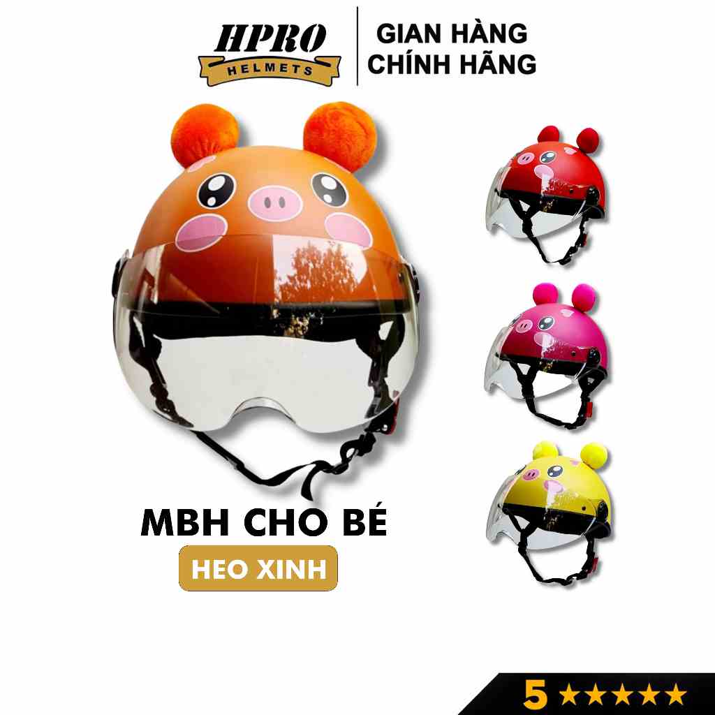 Mũ bảo hiểm cho bé Hpro helmet, an toàn cho trẻ em từ 3-8 tuổi, có kính chắn gió, họa tiết heo xinh đáng yêu