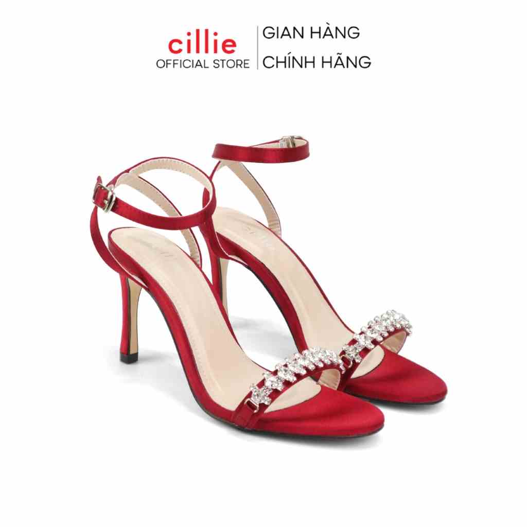 Giày sandal cao gót nữ quai ngang đính đá gót nhọn 9p thời trang thanh lịch Cillie 1004