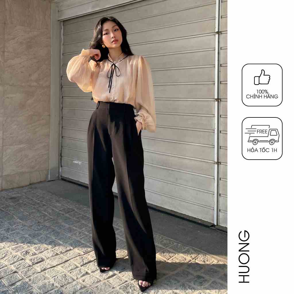 Áo sơ mi tơ tằm cổ bèo ruy băng nơ HUONG BOUTIQUE HBSM1037, 2 màu nâu bò & be