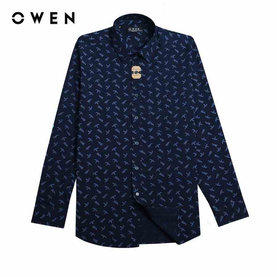 OWEN - Áo sơ mi dài tay Regular Fit màu navy hoạ tiết Bamboo - AR20865DT