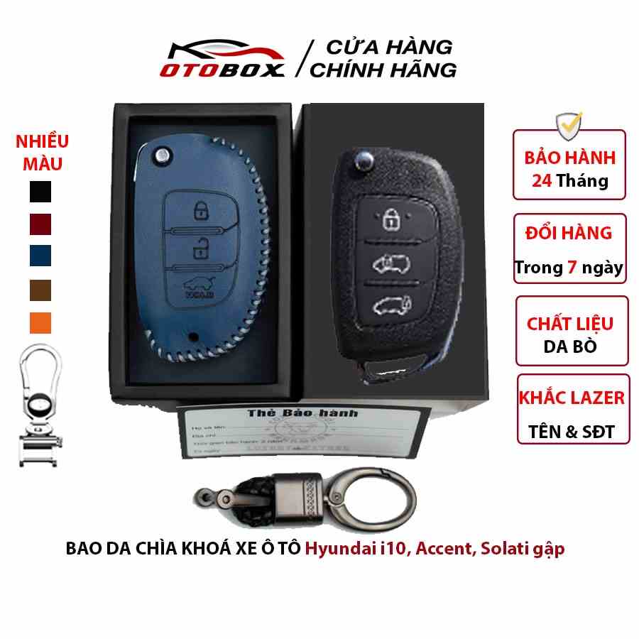 Bao da chìa khóa ô tô xe hơi hyundai i10, solati bản thiếu chìa điện gập da thật chống xước chính hãng