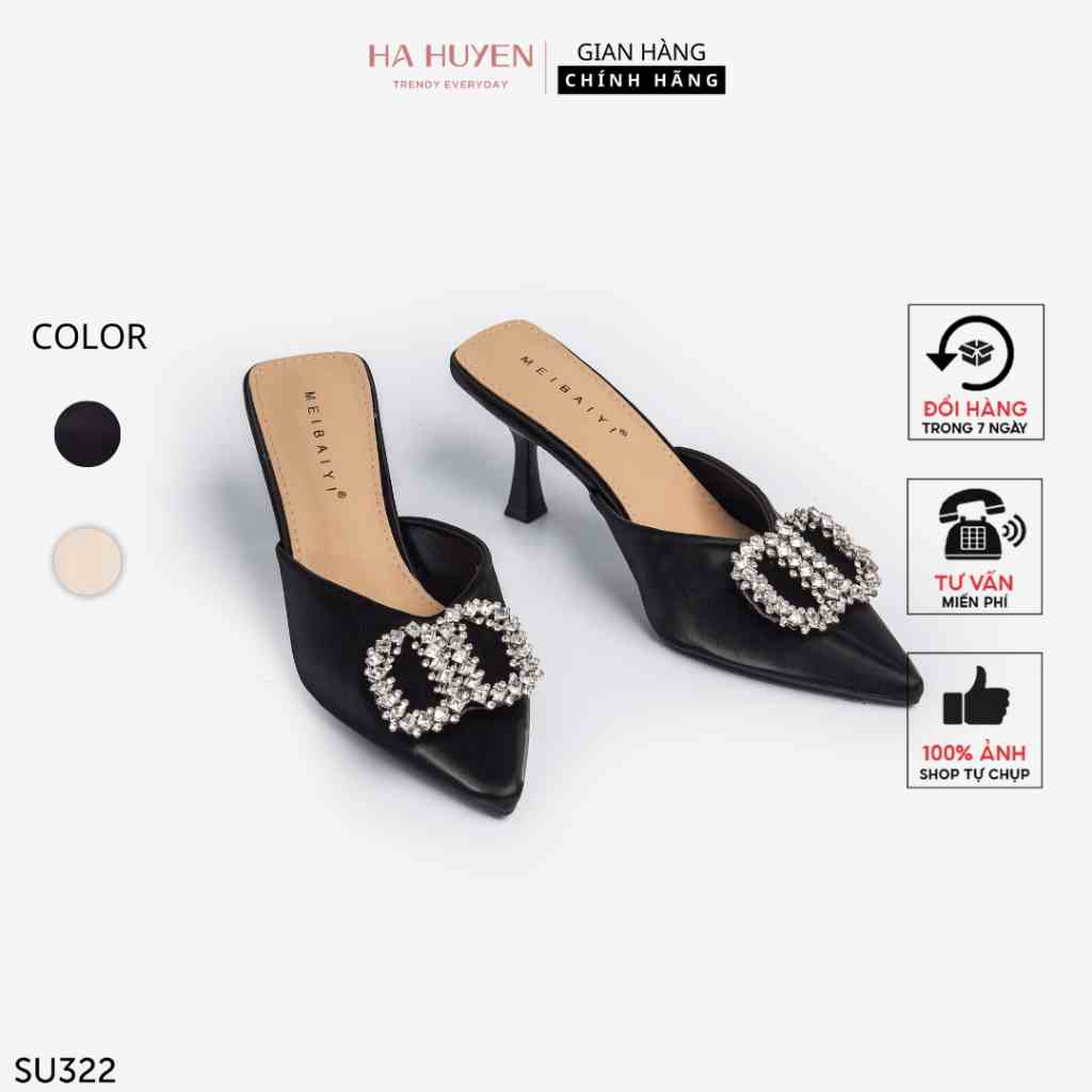 Sục nữ cao gót Hà Huyền Shoes chất da mũi nhọn đính đá móc gót nhọn 7 phân cao cấp - SU322