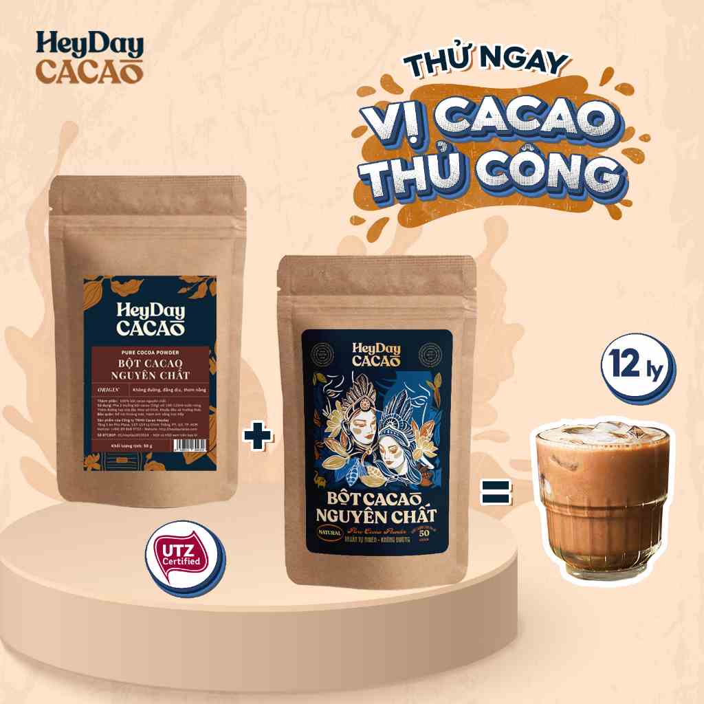 Bột cacao nguyên chất HEYDAY - Combo dòng Origin thượng hạng Túi 50g và dòng Natural không kiềm hóa Túi 50g