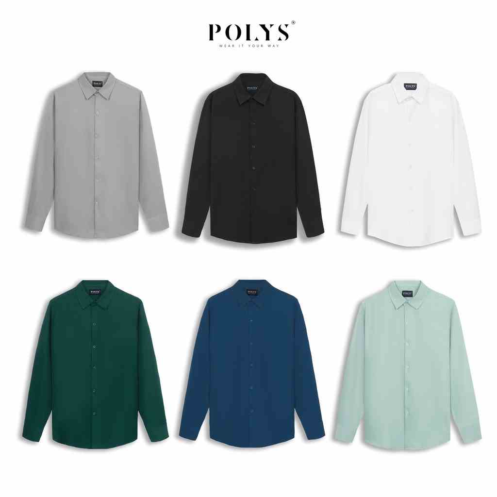 Áo sơ mi nam tay dài POLYS Fullbox, Vải Chéo dày dặn, co giãn, thoáng khí. Áo sơ mi trơn cổ bẻ dài tay 6 màu LONG SLEEVE