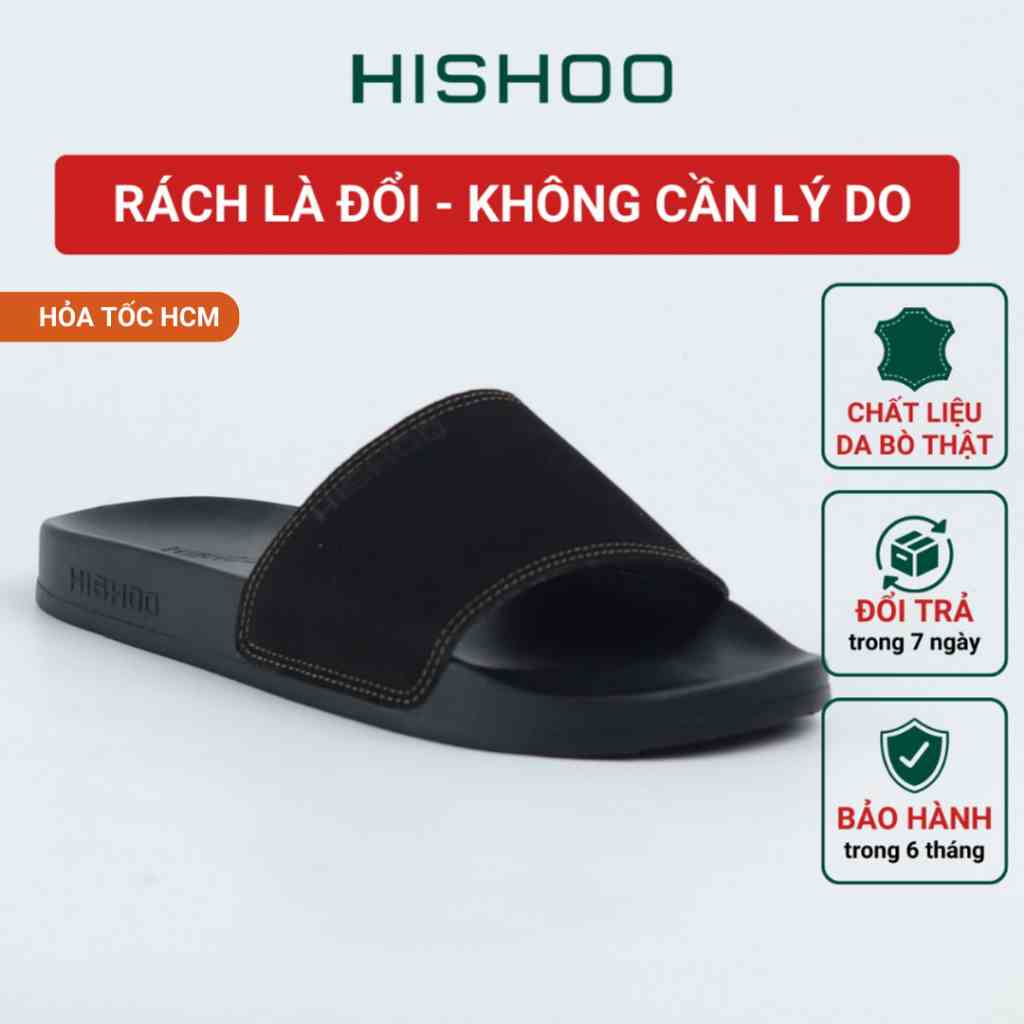 Dép quai ngang slipper BIG SIZE nam , nữ , trẻ em da bò thật siêu nhẹ HISHOO đen cao cấp thời trang size 35-46 U088