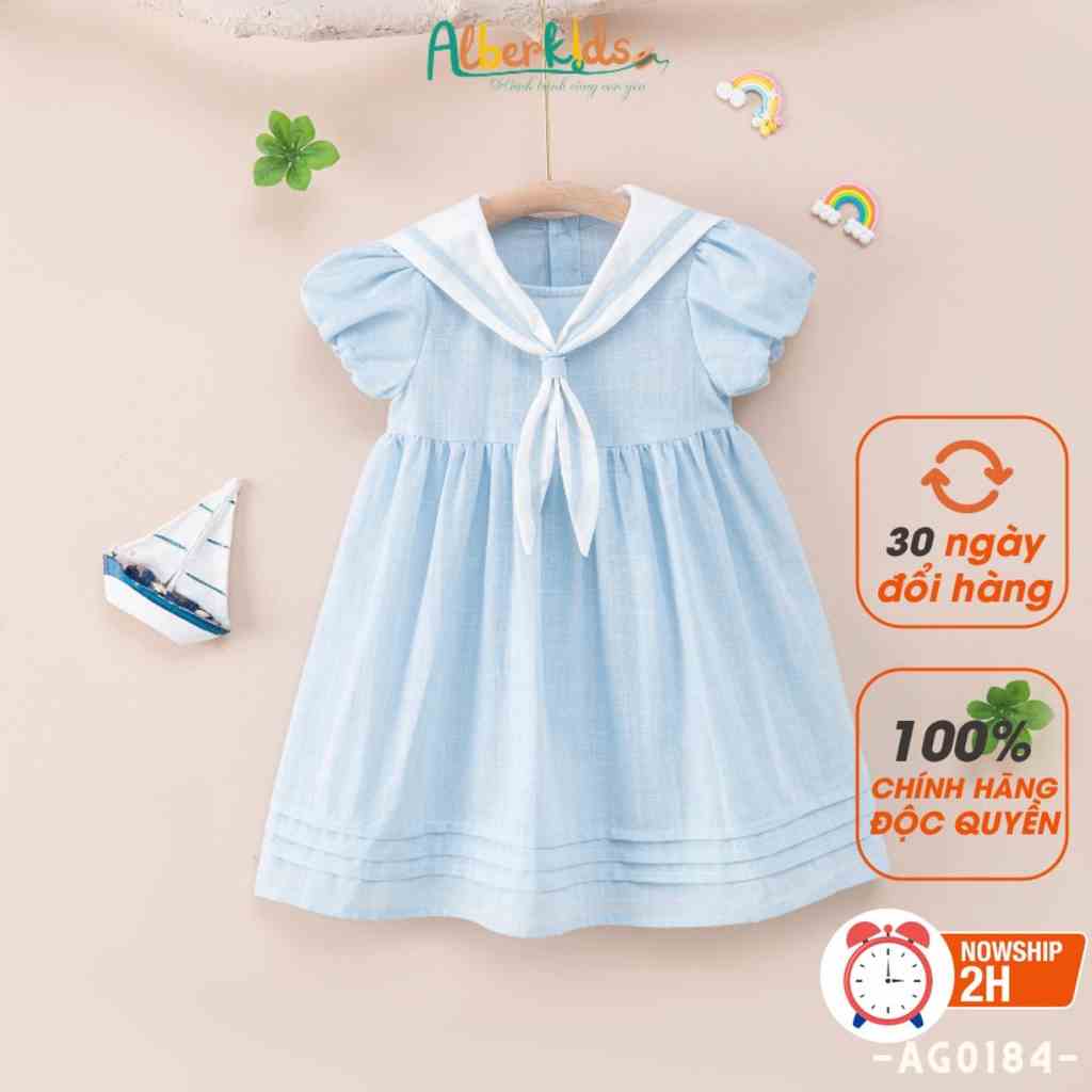 Váy bé gái ALBERKIDS xanh cổ trắng phối nơ công chúa xinh đẹp cho trẻ em 2,3,4,5,6,7,8,9,10,11,12 tuôi [AG0184 ]