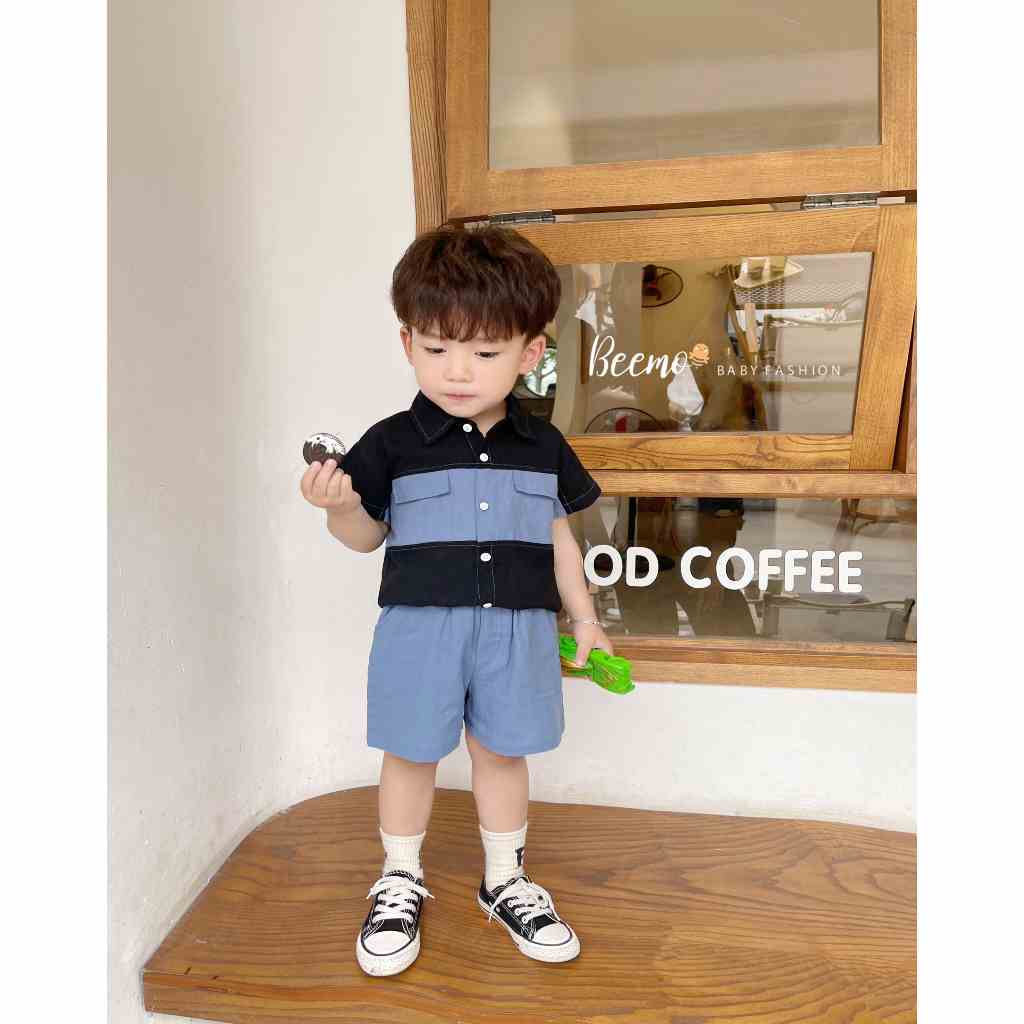 Set bộ sơ mi Beemo phối màu thân giữa thô đũi thấm hút mồ hôi tốt mặc hè đi học, sự kện cho bé trai từ 1 - 7 tuổi 23042B