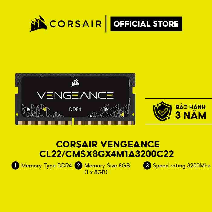 Bộ nhớ trong Corsair cho laptop DDR4,3200MHz 8GB 1x8GB SODIMM, Black PCB,1.2V/CMSX8GX4M1A3200C22