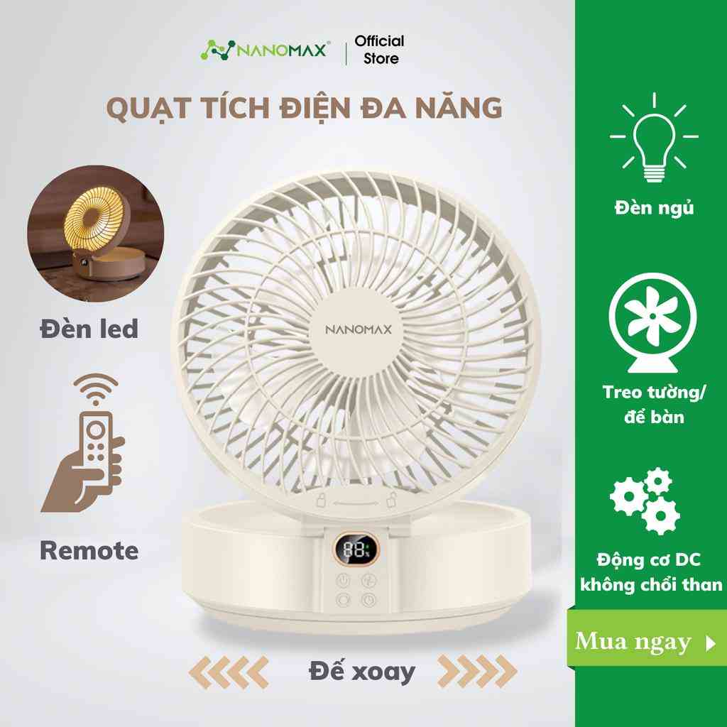 Quạt Mini Tích Điện NANOMAX WSK302, Gấp Gọn, Để Bàn, Treo Tường, Điều Khiển Từ Xa, Đèn Ngủ, Đế Xoay 90 Độ, 3 Tốc Độ Gió