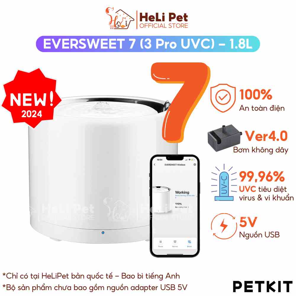 [NEW 2024] Máy lọc nước cho mèo PETKIT Eversweet 7 (3 Pro UVC) bơm không dây thế hệ 4.0 tia UVC INOX304 - HeLiPet