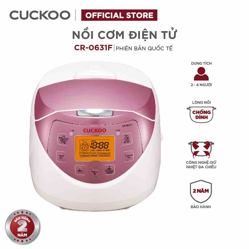 Nồi cơm điện tử Cuckoo 1L CR-0631F ( màu hồng) - Lòng nồi chống dính, nhiều chế độ nấu ăn - Chất lượng Hàn Quốc