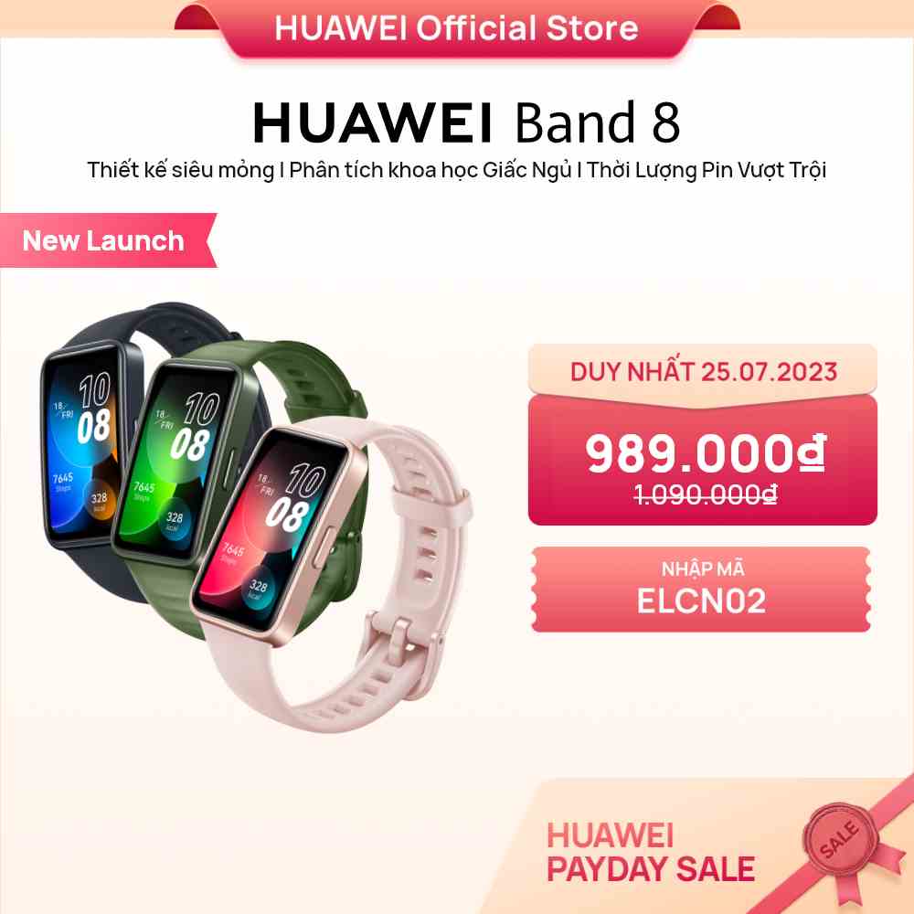 [Mã ELCN02 giảm 500K đơn 300K] Vòng đeo tay thông minh HUAWEI Band 8 | Thiết kế siêu mỏng | Phân tích khoa học Giấc Ngủ