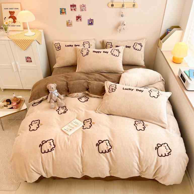 Bộ Chăn Ga Gối Nỉ Nhung Cừu HIN BEDDING Thêu Nổi Siêu Xinh, Chất Nỉ Nhung Dày Dặn Ấm Áp Bo Chun Đủ Kích Thước