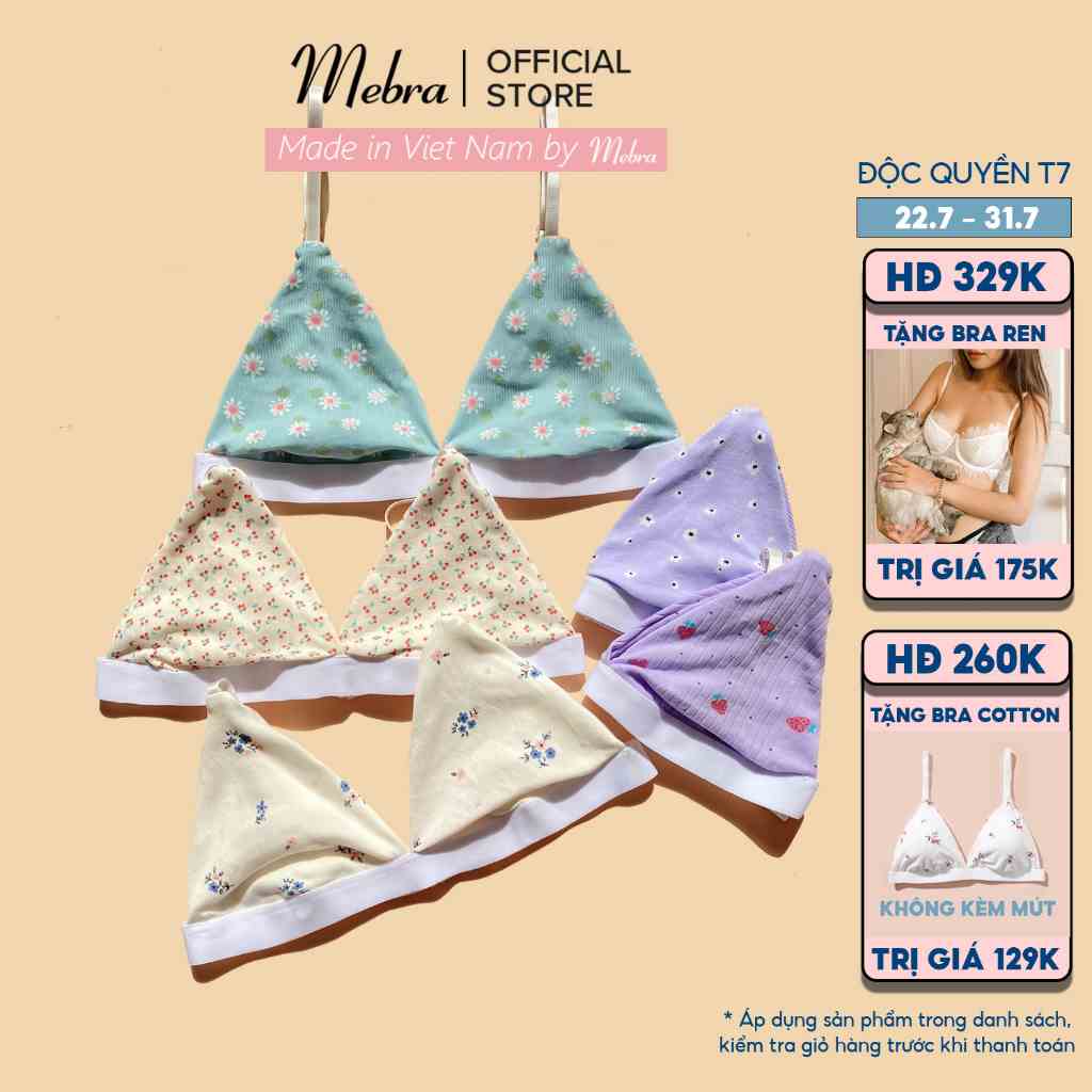 [MỚI 2023] Áo bra cotton không gọng mút mỏng nhẹ mát mùa hè hoạ tiết trẻ trung cao cấp thương hiệu Mebra