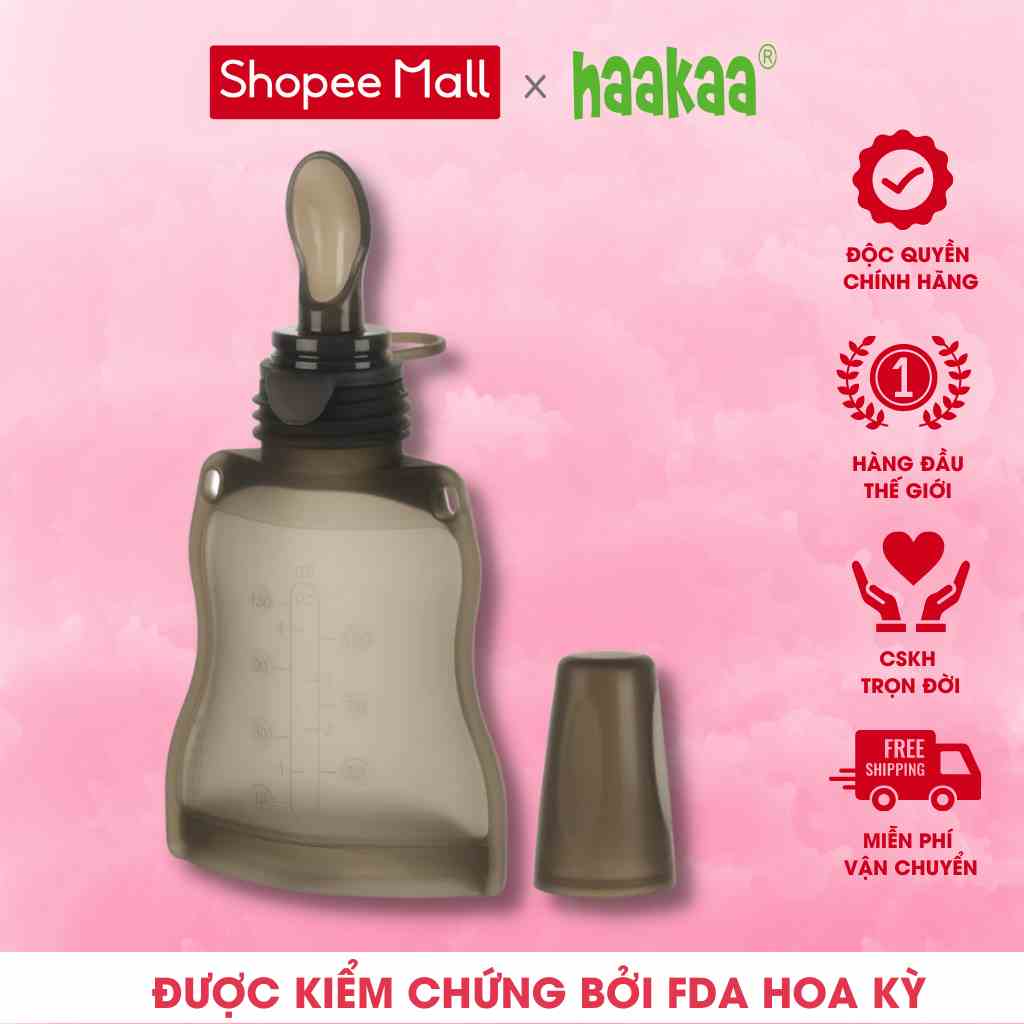 [Mã BMLT35] Túi trữ silicone có muỗng cho bé ăn dặm Haakaa. Dung tích 130m. Không chứa BPA, PVC và phthalate