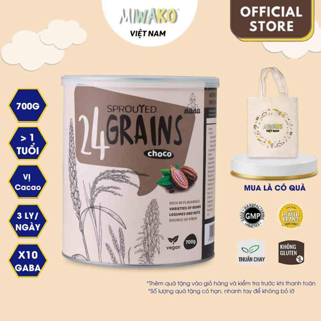 [Date T12/2023] Sữa Hạt Thực Vật Hữu Cơ 24 Grains Thương Hiệu Miwako Vị Cacao Hộp 700g - Miwako Việt Nam