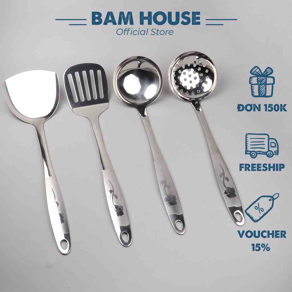 Vá đặc, Vá lỗ, Xẻng đặc, Xẻng lỗ inox Bam House cán hoa loại lớn cao cấp siêu bền SCH05 - Gia dụng bếp