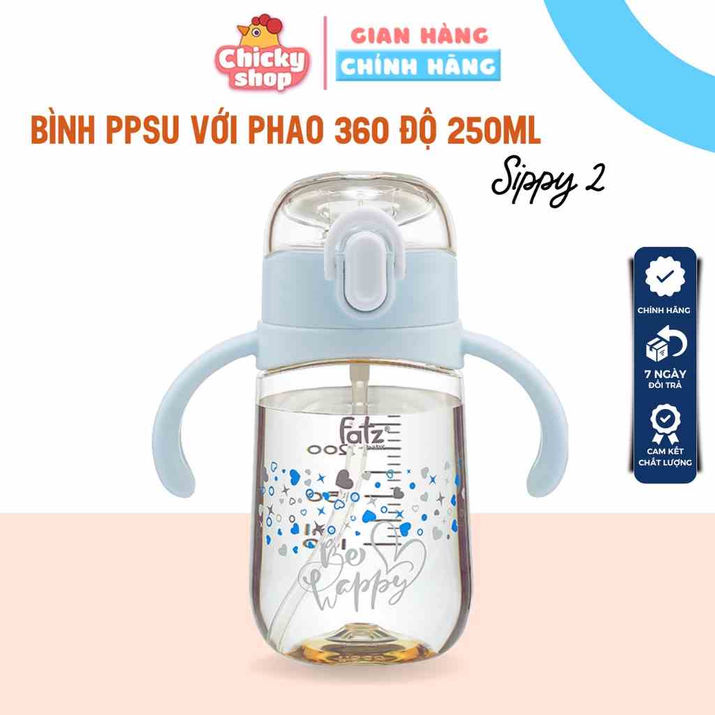 Bình uống nước PPSU bật hút 2 tay cầm với phao 360 độ 250ml Fatzbaby FB0298BT (Màu hồng, màu xanh)