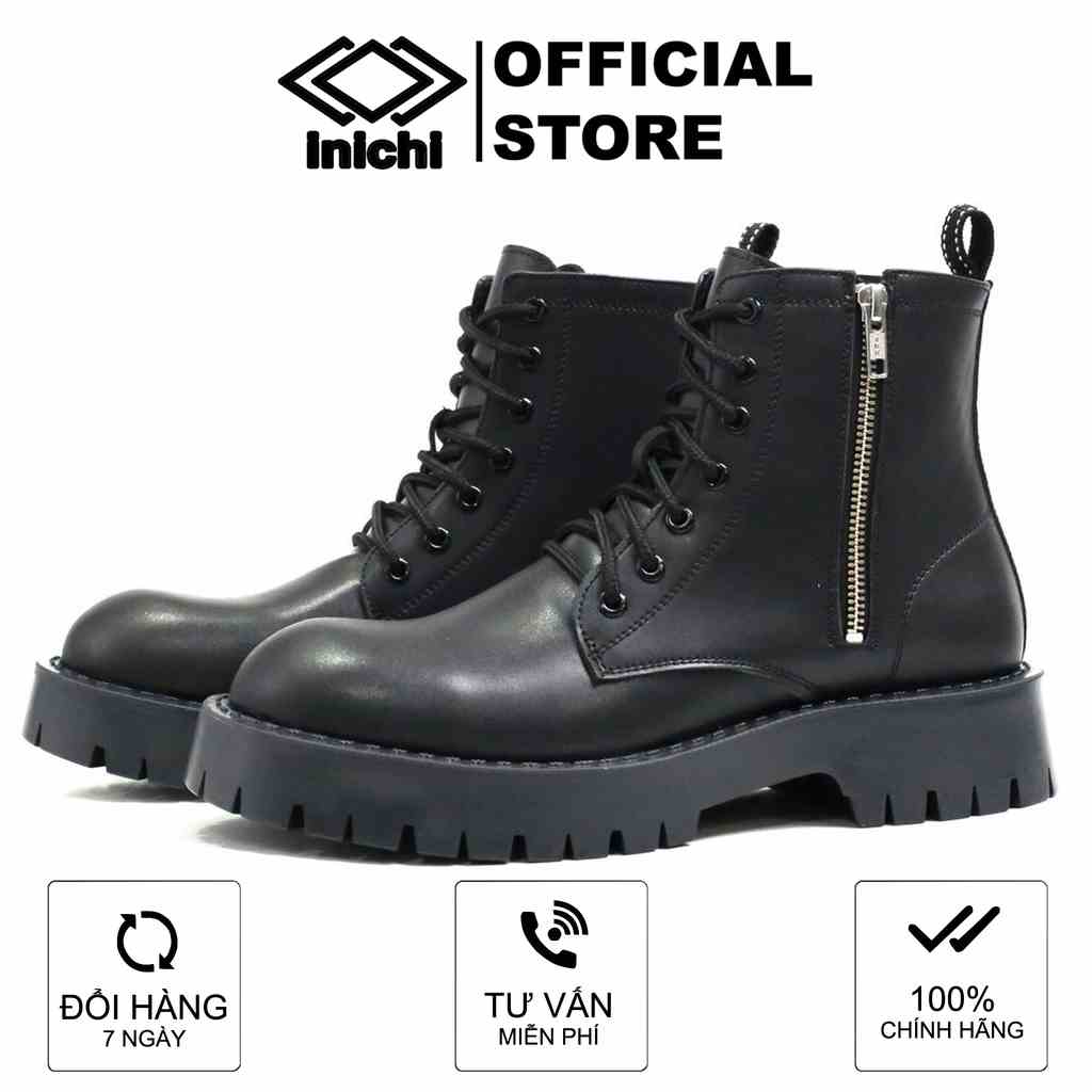 Giày Chunky Combat Boots da thời trang INICHI G1111 da lì chống nhăn, khóa kéo phiên bản đế chunky cao cấp