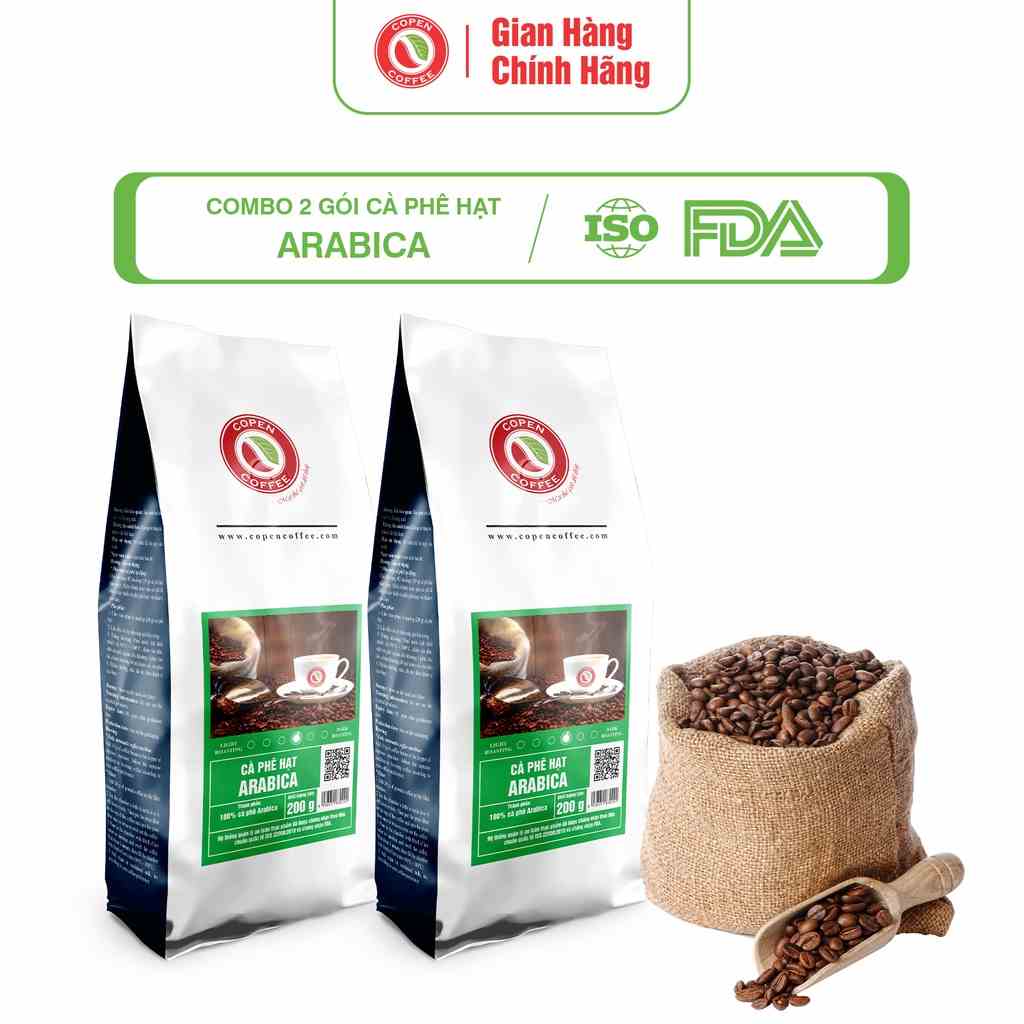 Combo 2 gói cà phê hạt Arabica rang mộc Copen Coffee - vị đắng đằm, chua thanh, thơm lâu - pha phin, esprsso - 200G/ GÓI