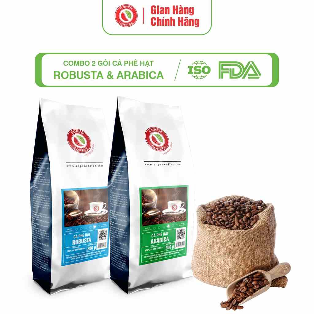 COMBO 2 GÓI Cà phê hạt Arabica và Robusta rang mộc Copen Coffee - pha espresso, pha phin truyền thống - 200g/ Gói