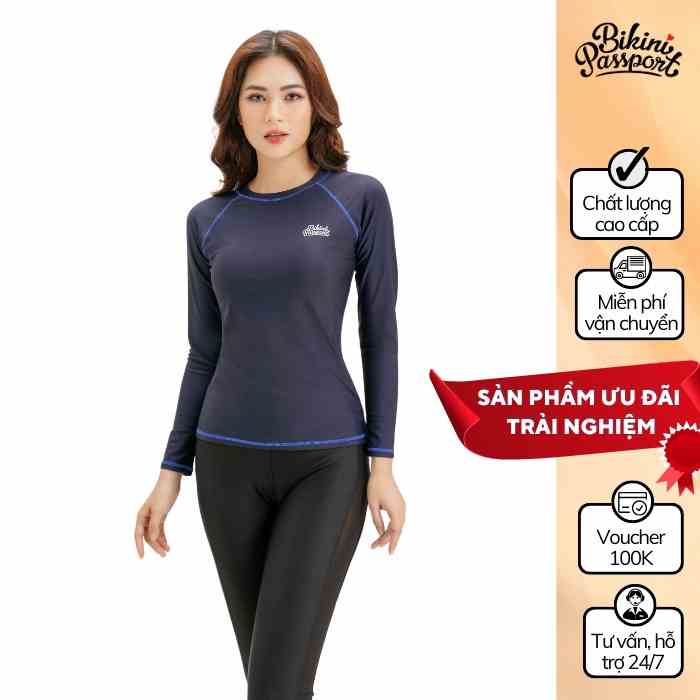 Áo bơi NỮ lẻ BIKINI PASSPORT kiểu tay dài basic có logo - màu Xanh Navy - BS1004_NV