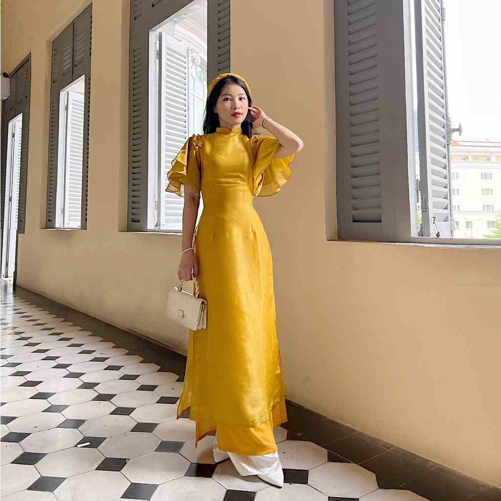 Áo dài thiết kế vàng Hoàng Kim organza tay loe 4 tà hiện đại kèm quần Callene (CC300)