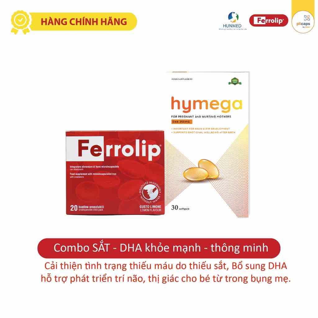 Combo Sắt Sinh Học Ferrolip - DHA Tinh Khiết Aplicaps Hymega cho mẹ bầu