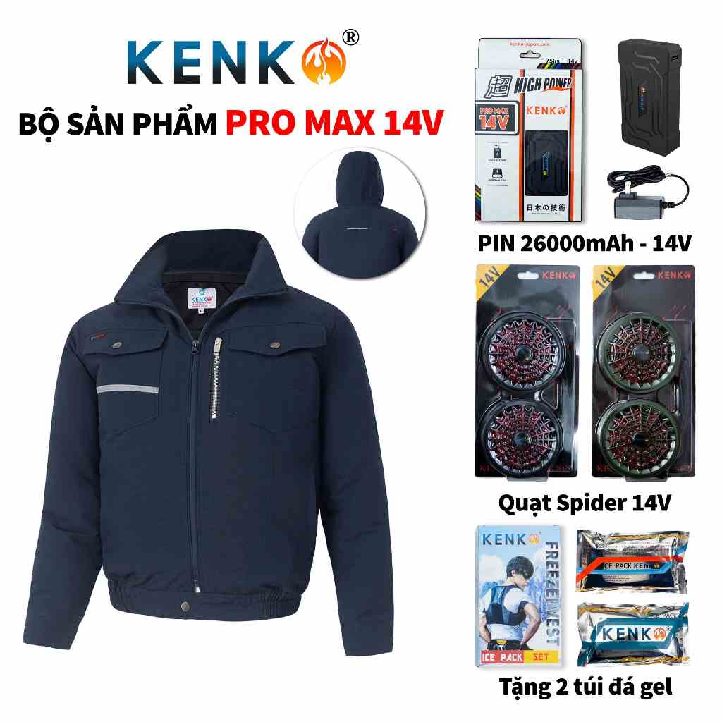 Áo quạt điều hoà xanh than KENK pin 26000mAh 14v chất liệu vải KAKI cùng sợi tre