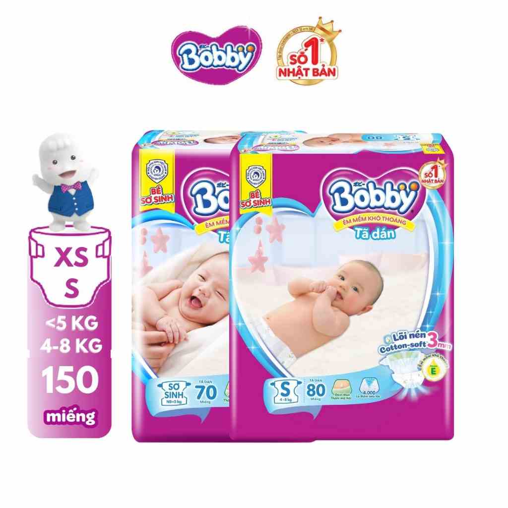 Combo 2 gói Tã dán sơ sinh Bobby XS70 + S80 mới - Lõi nén Cotton - soft 3mm Vitamin E