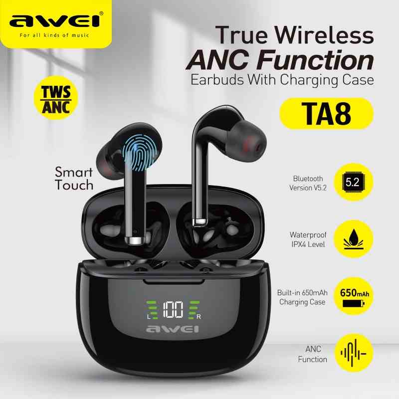 Tai nghe không dây 5.2 Awei TA8 ANC Giảm Tiếng Ồn Có Đèn LED Và Mic Loại C