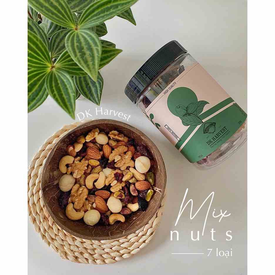 Mix Nuts 7 Loại Hạt Và Trái Cây - DK Harvest - Hũ 350g - óc chó, macca, hạnh nhân, điều, dẻ cười, nho khô, nam việt quất