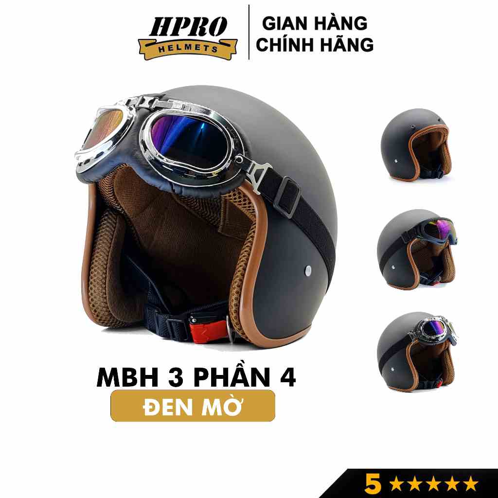 Mũ bảo hiểm 3/4 đầu Sundy Helmets, màu đen nhám mạnh mẽ, cá tính, Freesize (54-58cm) kèm kính UV, phi công