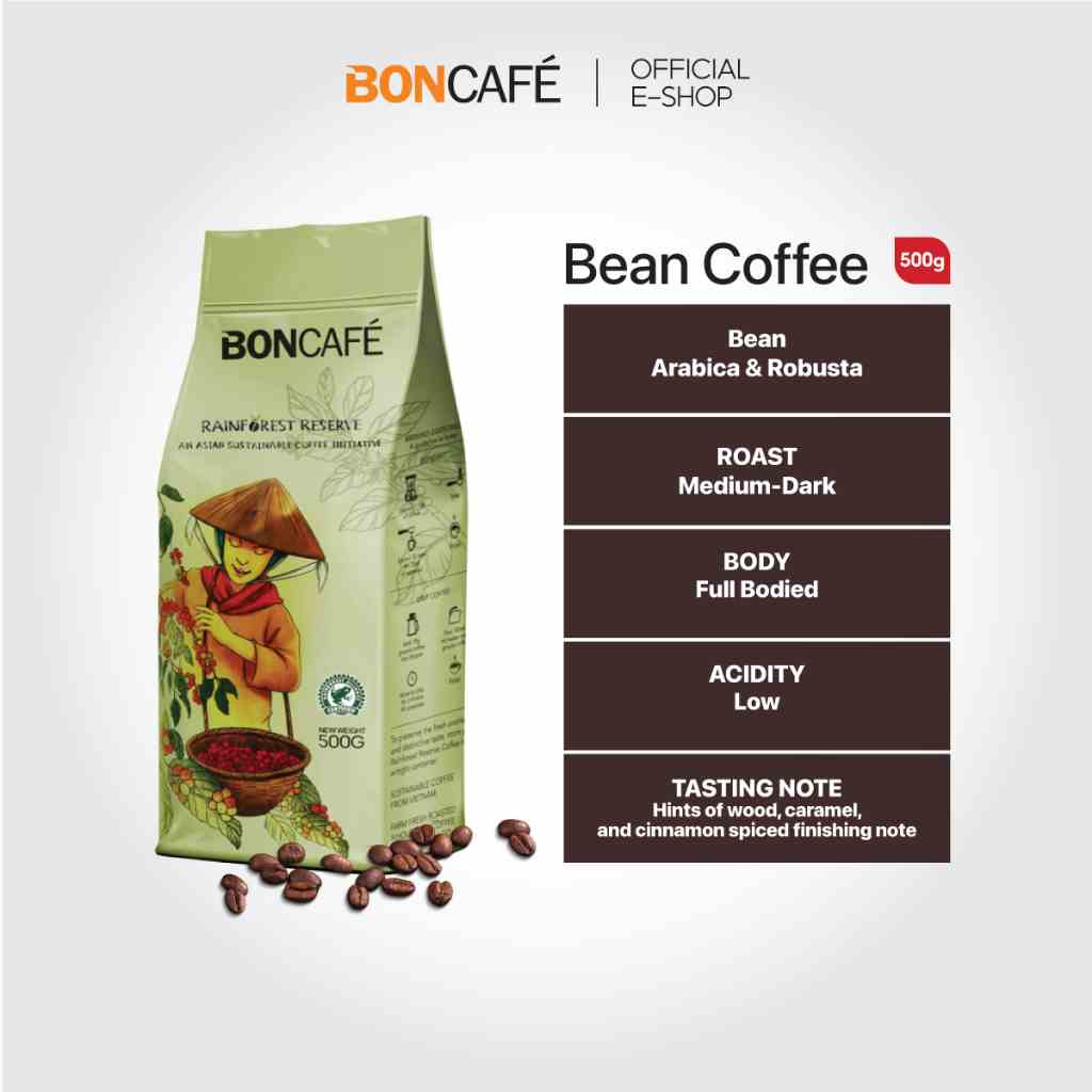 Cà phê hạt nguyên chất Arabica & Robusta rang đậm Boncafé Rainforest Reserve 500g/gói - Cà phê pha phin, pha espresso