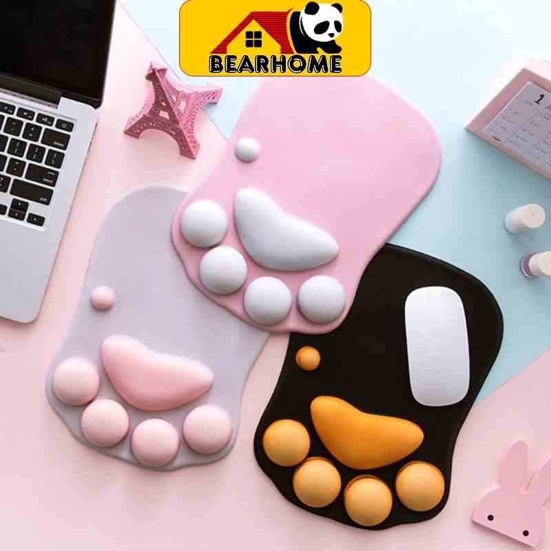 Miếng lót chuột pad chuột BEARHOME có đệm đỡ tay silicone Tấm lót chuột hình chân mèo cute giúp thoải mái chống chai tay