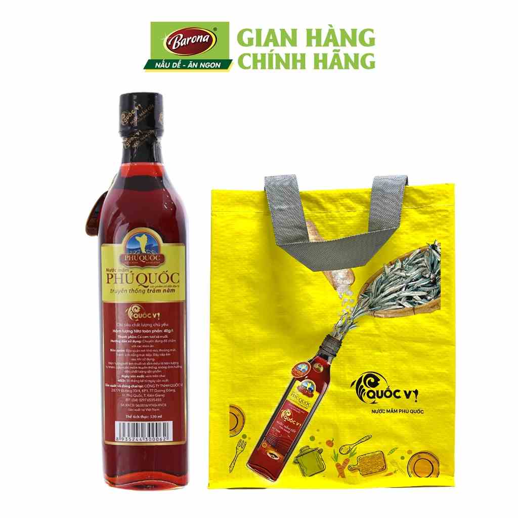 Chai Nước Mắm Cốt Phú Quốc Quốc Vị Barona 40 độ đạm 520ml, Tặng túi thân thiện môi trường