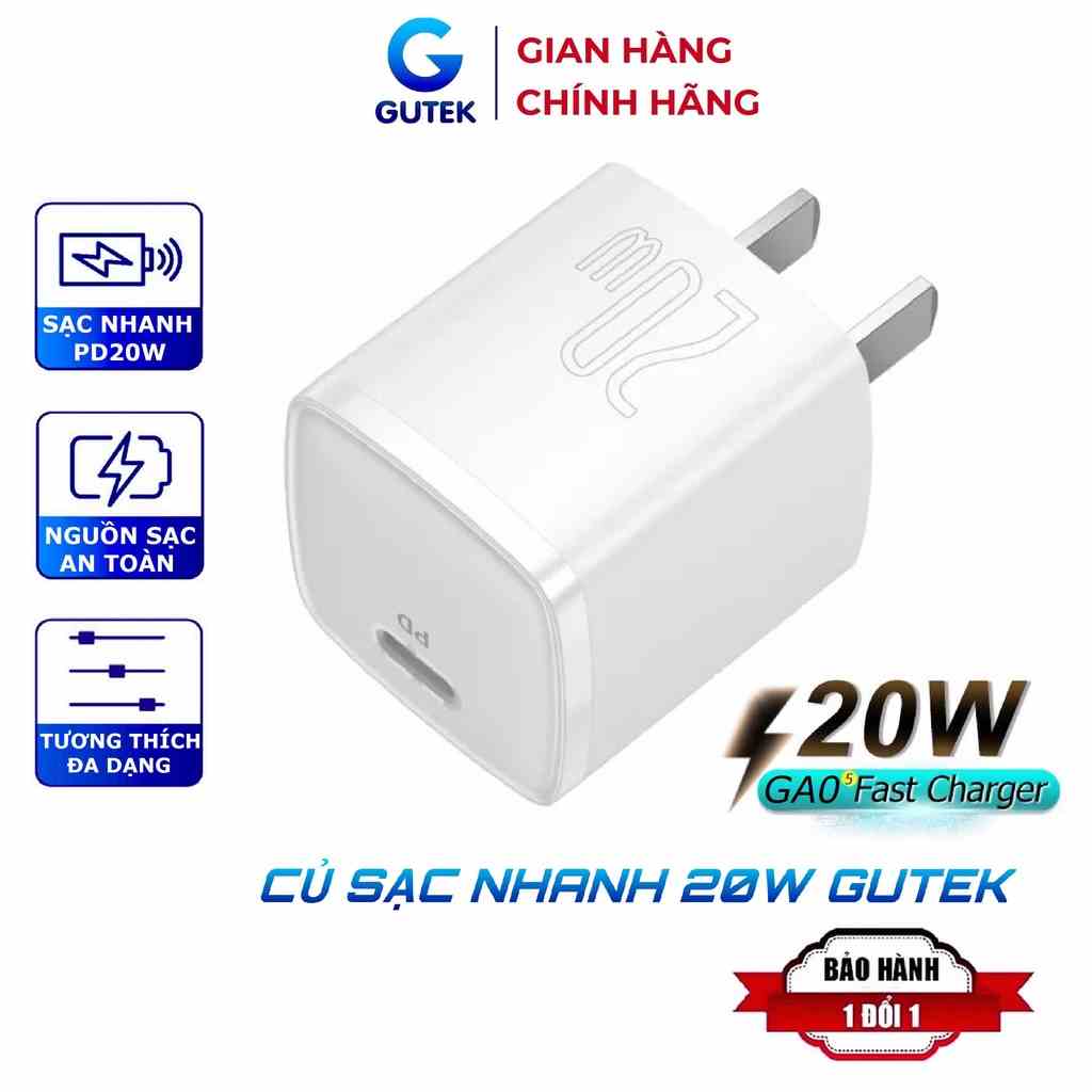 Củ sạc nhanh PD 20W Gutek GA05 cổng Type-C bộ củ cáp sạc cho i.P 8 Plus/11/12/13/14 pro max