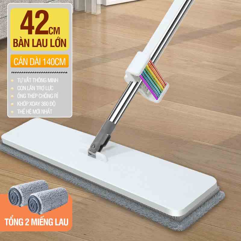 Cây lau nhà tự vắt Kitimop-WhitePro thế hệ mới, có 7 con lăn trợ lực cầu vồng, chổi lau nhà 360 độ, 2 miếng lau