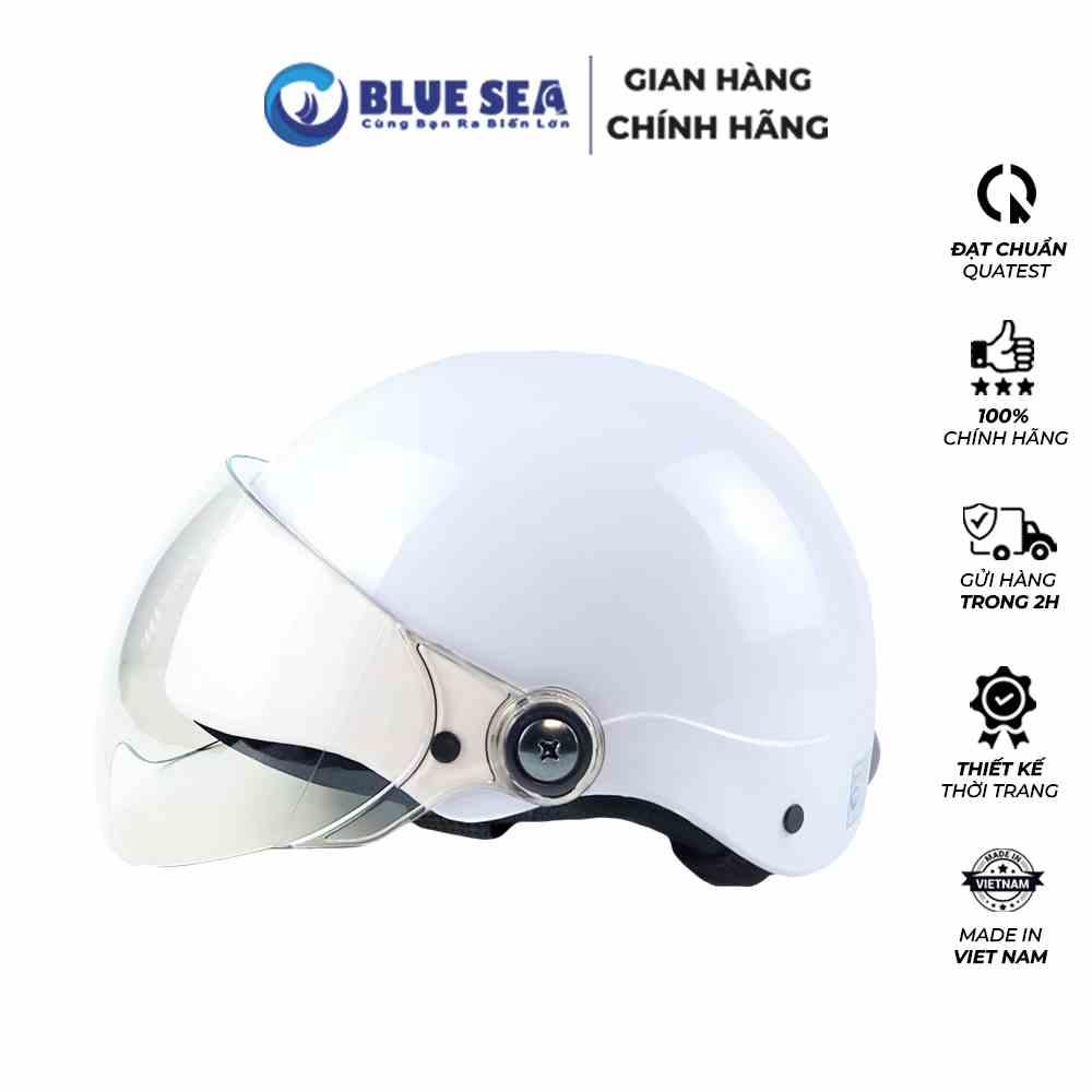 Mũ bảo hiểm 1/2 Nửa đầu BLUE SEA - A104K - Màu Trắng Sữa- FREESIZE - Có kính cao cấp - Chính hãng