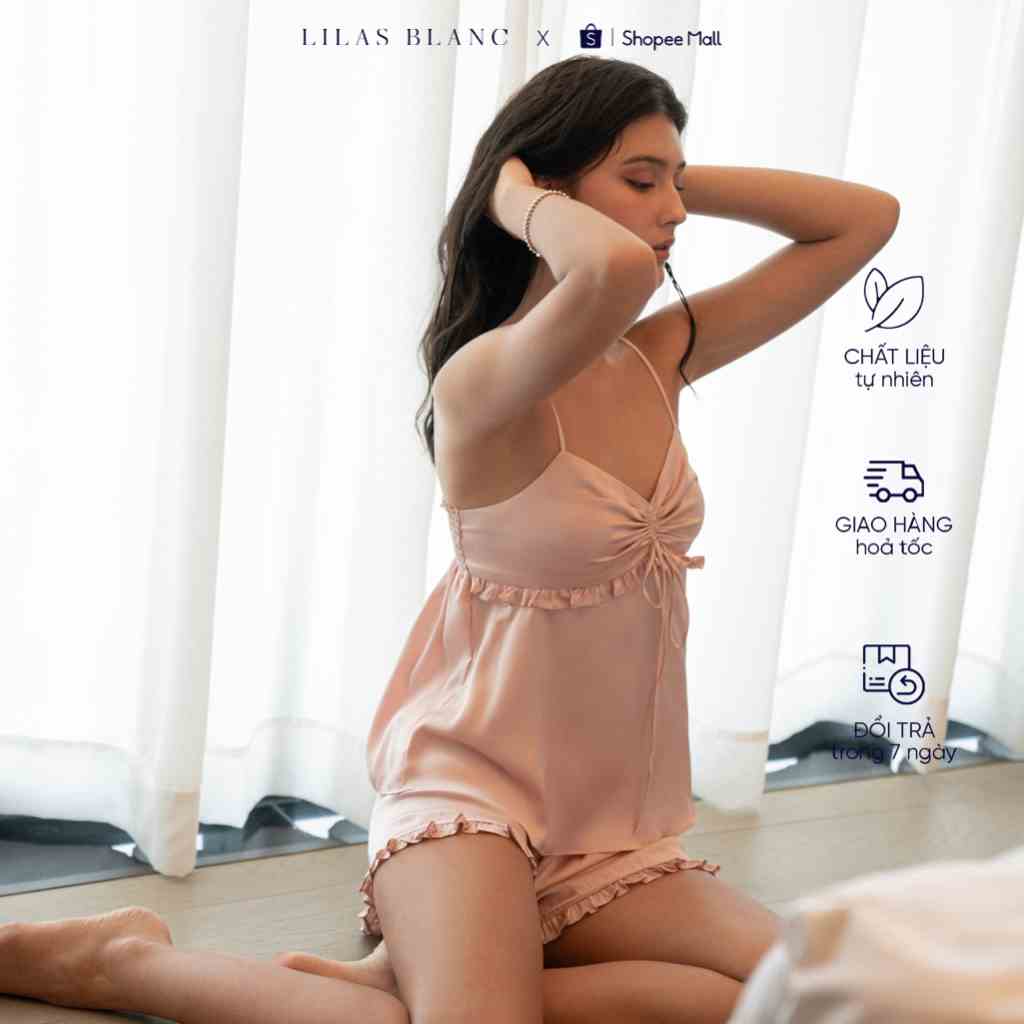 Bộ Pyjamas Nữ Mặc Nhà Áo Cộc Quần Cộc Chất Liệu Lụa Thiết Kế Hai Dây Xếp Gấp Blush Pink Angel Cami Set LILAS BLANC